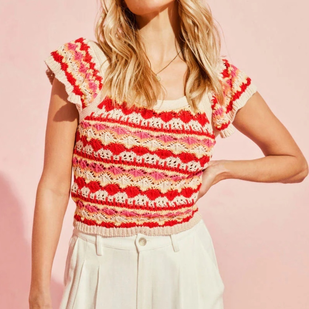 Blu Pepper Multicolor Crochet Knit Tank Top - Red, Pink, Cream